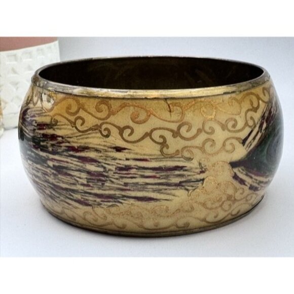 8” Hand Painted Silver on Ivory Brass Chunky Bangle Bracelet Peacock Feather - Picture 6 of 12